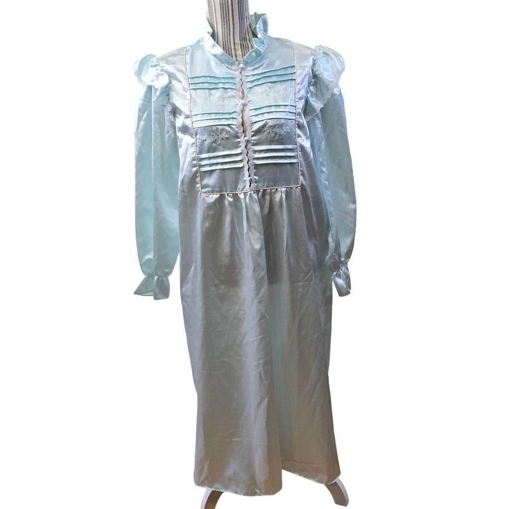 Just Jodie Womens‎ Blue Satin Nightgown Embroidered Lace Bib Ruffle Cottage Med